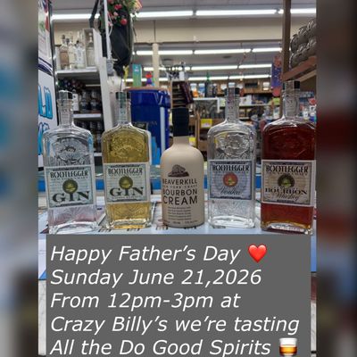Liquor bottles on store shelf with a sign advertising Father’s Day tasting, Sunday June 21, 2026.