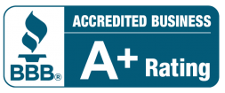 A blue sign that says accredited business a + rating