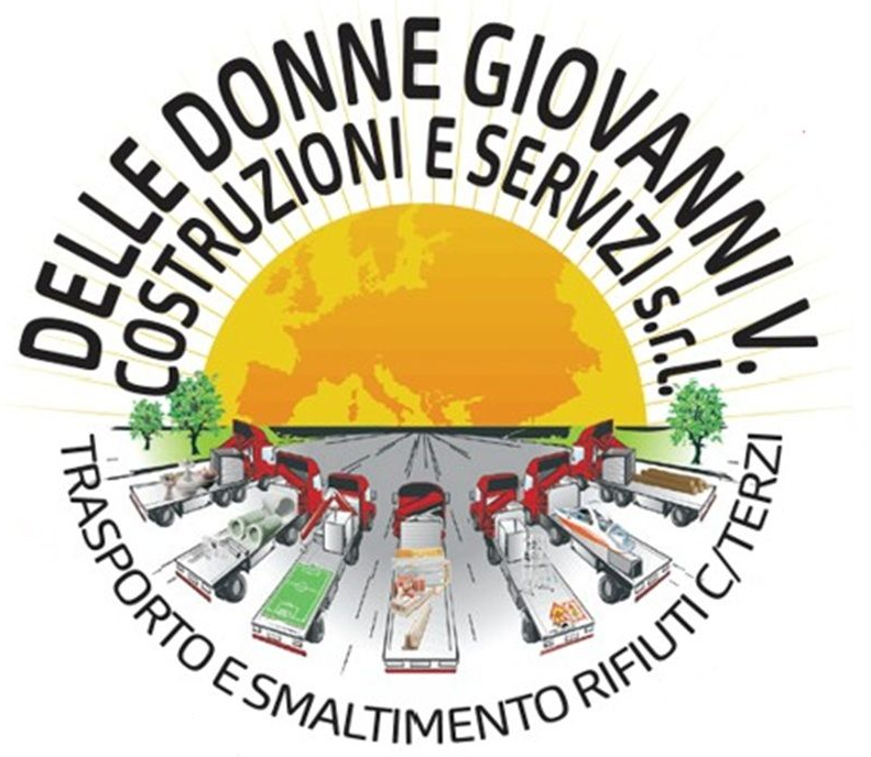 Logo for "Costruzioni e Servizi Delle Donne Giovanni" featuring a dark blue city skyline over an orange circle.