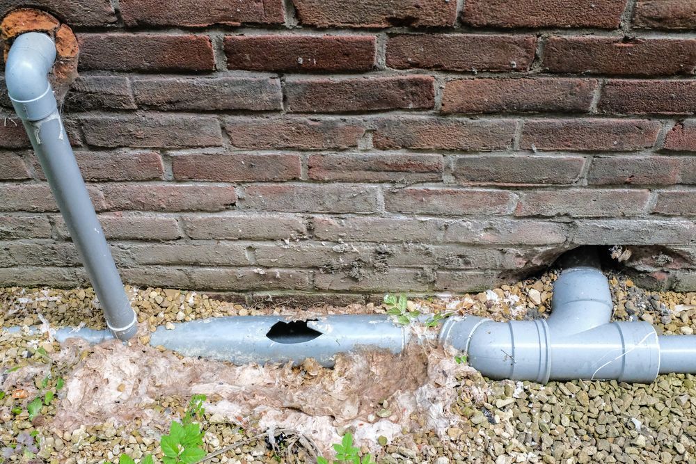Damaged Grey Pipes Against a Brick Wall — Oxplumb in Coolum Beach, QLD