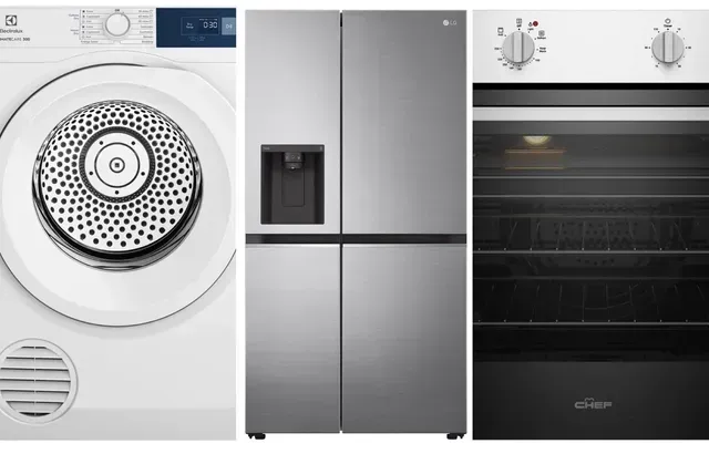 A White Clothes Dryer, a Stainless Steel Four Door Refrigerator with A Water Dispenser, and An Oven — Central Coast Washing Machines & Refrigerator Repairs in San Remo, NSW