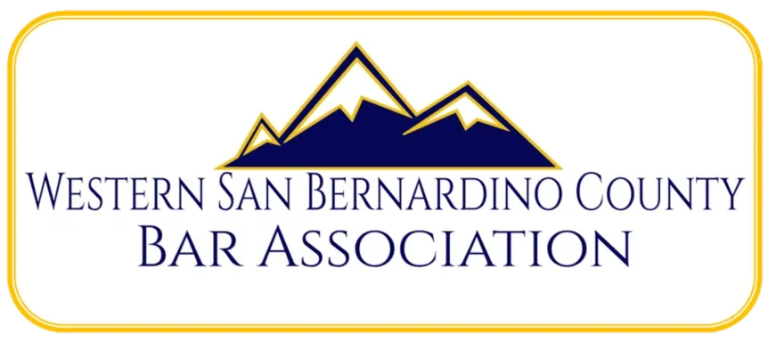 Logo for Western San Bernardino County Bar Association, featuring mountain peaks in blue, with text.