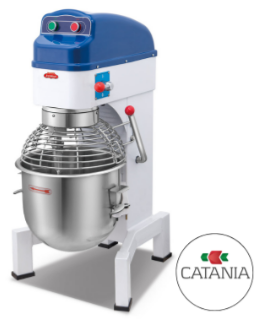 Una batidora Catania azul y blanca con un recipiente de acero inoxidable