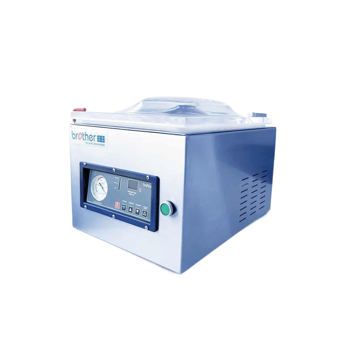 Máquina selladora al vacío con tapa transparente y panel de control.