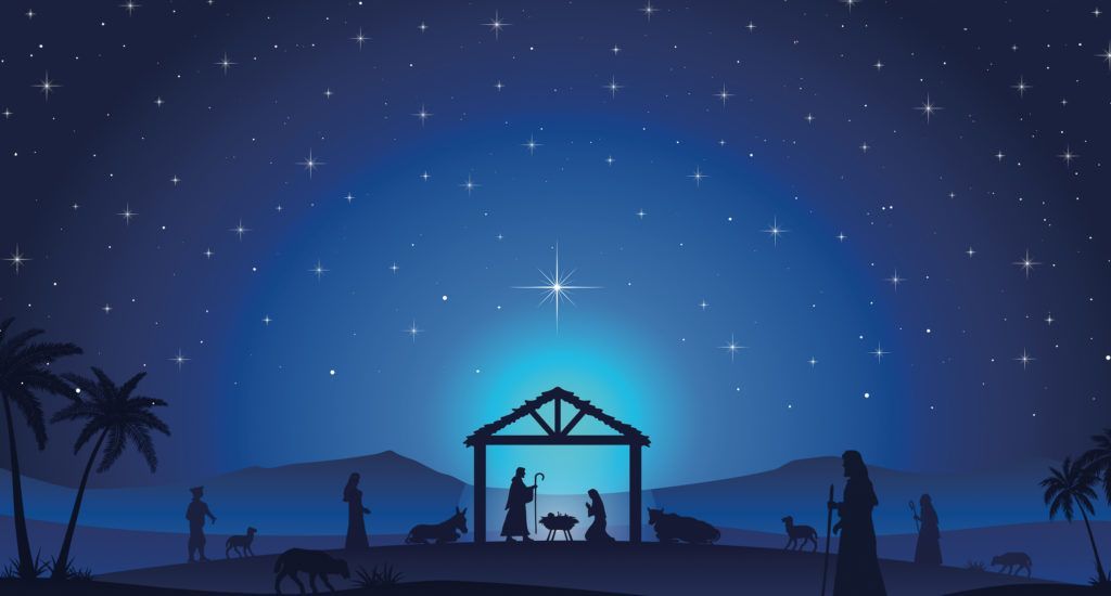 A nativity scene with a star in the sky