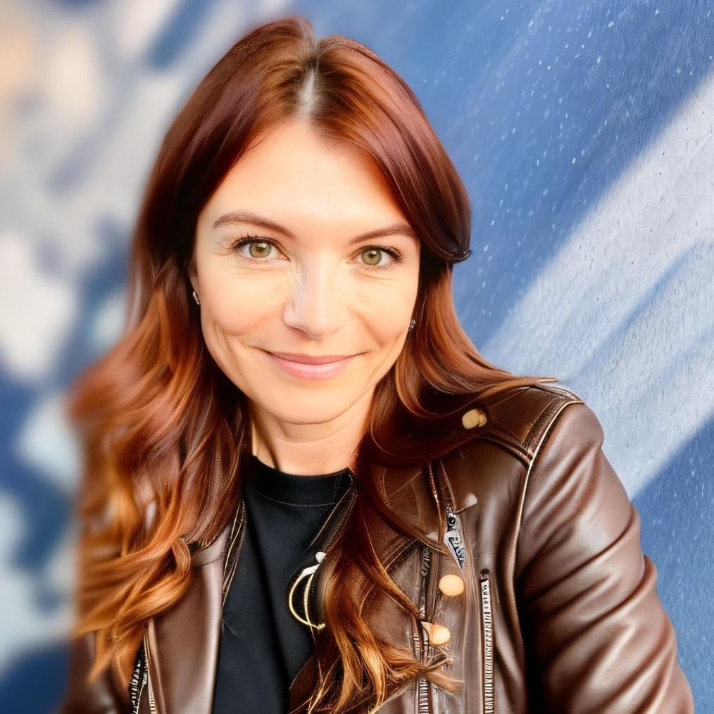 A woman with red hair is wearing a brown leather jacket