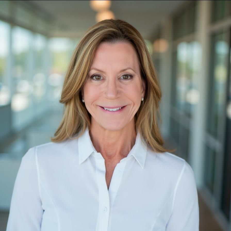 A woman in a blue shirt is smiling for the camera.