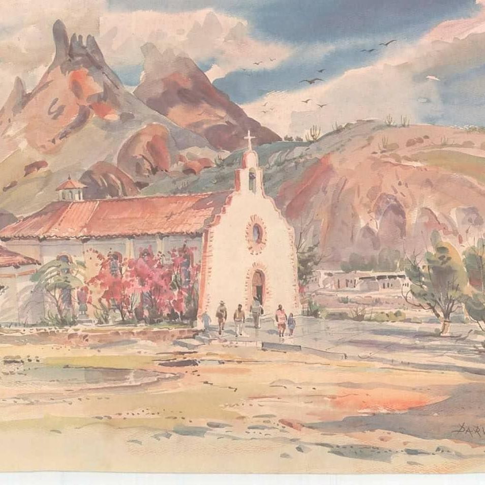 A painting of a church with mountains in the background