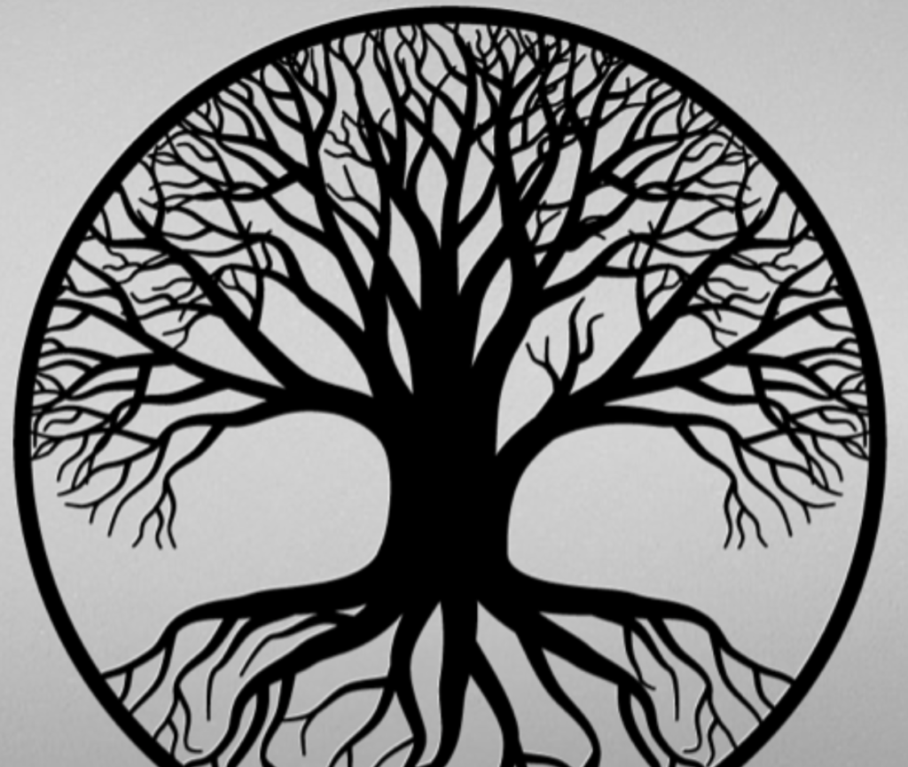 A black and white drawing of a tree with roots in a circle.