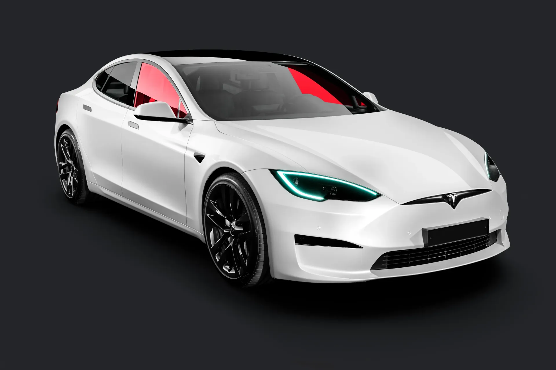 A white tesla model s with a red windshield on a black background.
