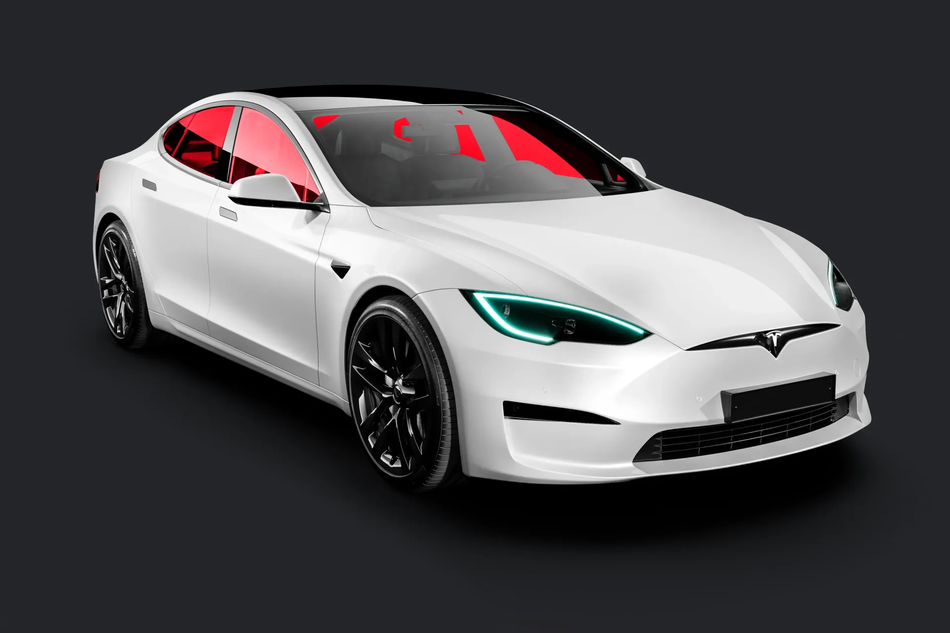 A white tesla model s with red windows on a black background.
