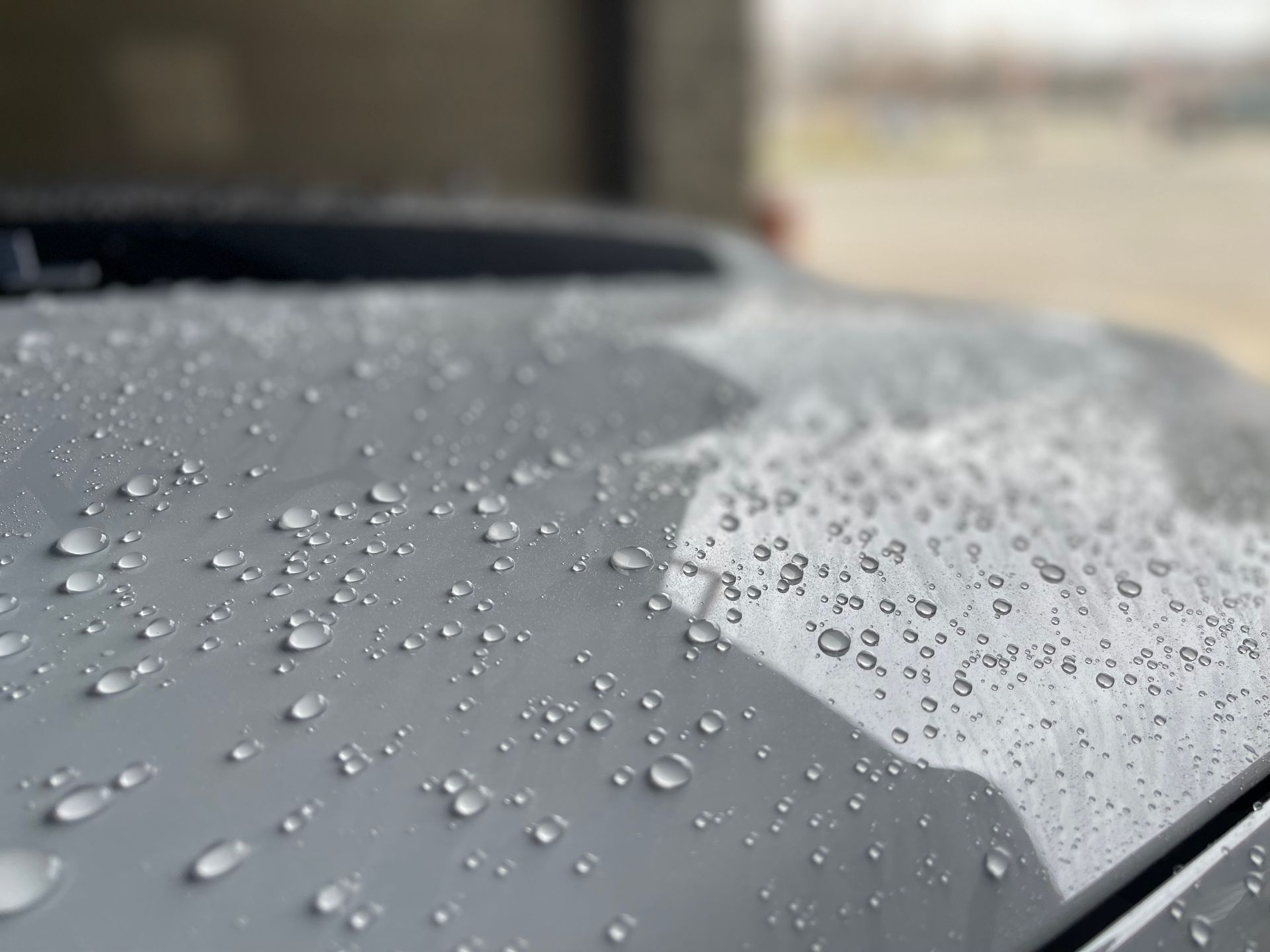 A close up of a car hood with water drops on it.