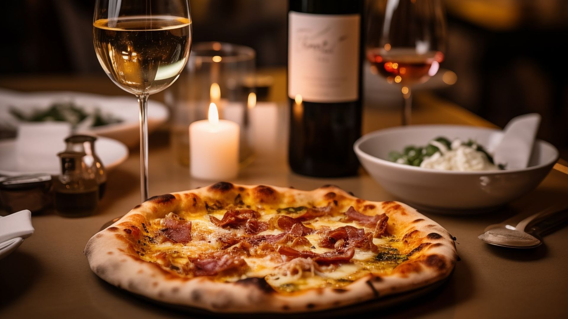 Pizza with wine at a candlelit dinner Pizza with wine at a candlelit dinner