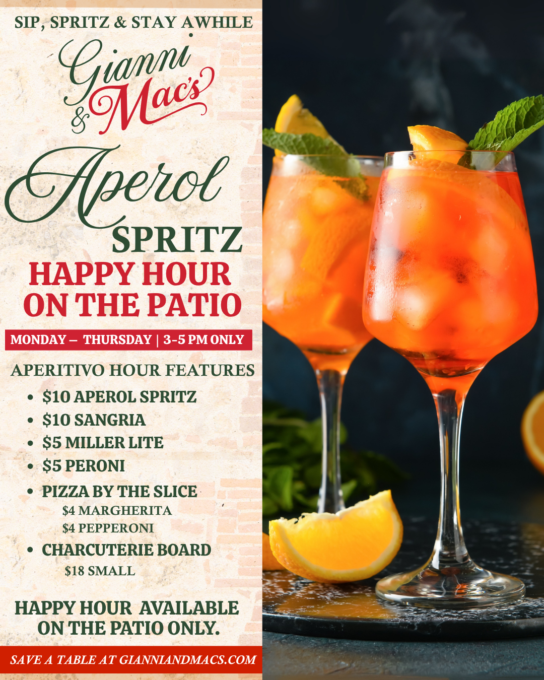 Aperol Spritz Happy Hour ad on a patio. Drinks are bright orange with text details.