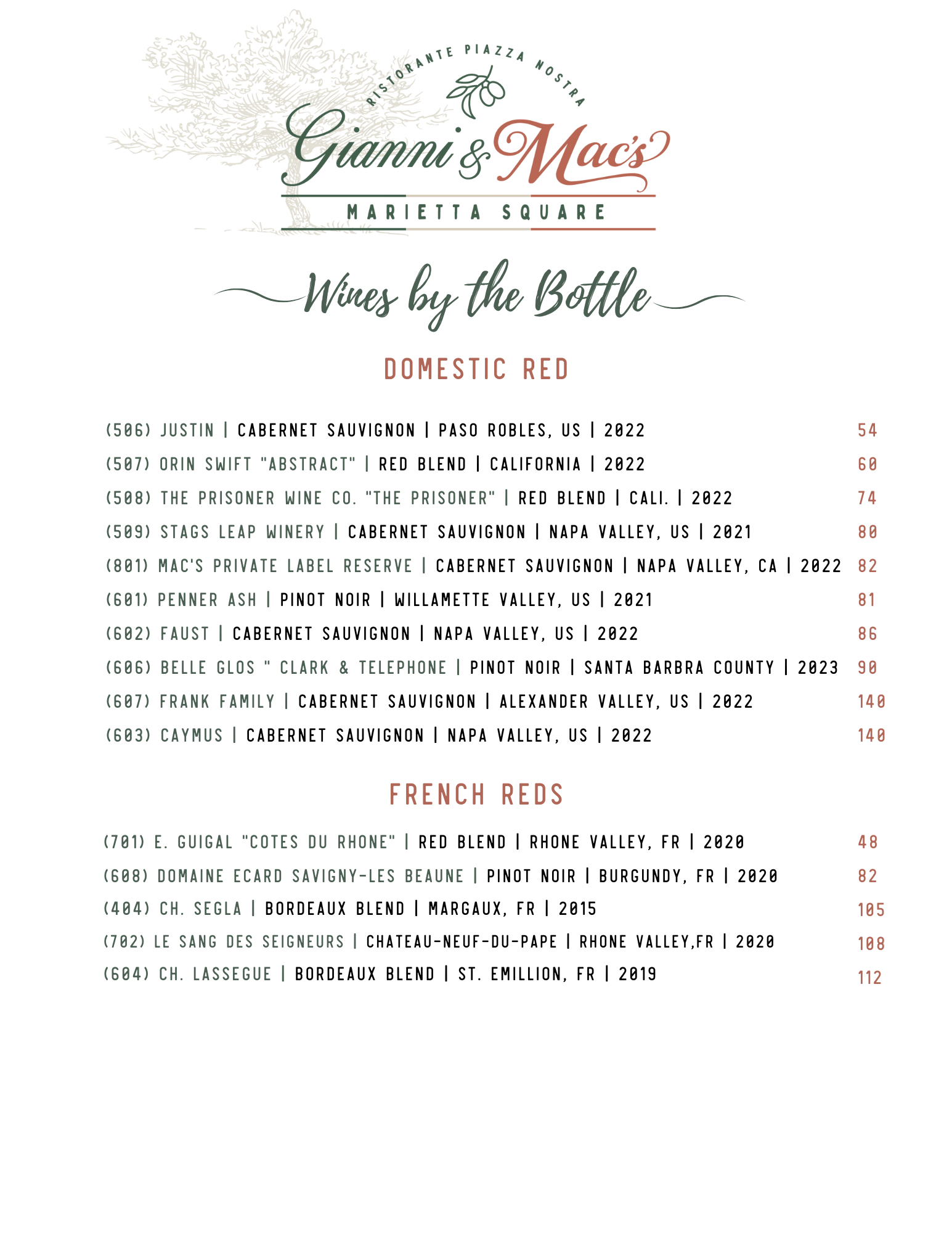 A menu for a restaurant with a list of wines by the bottle.