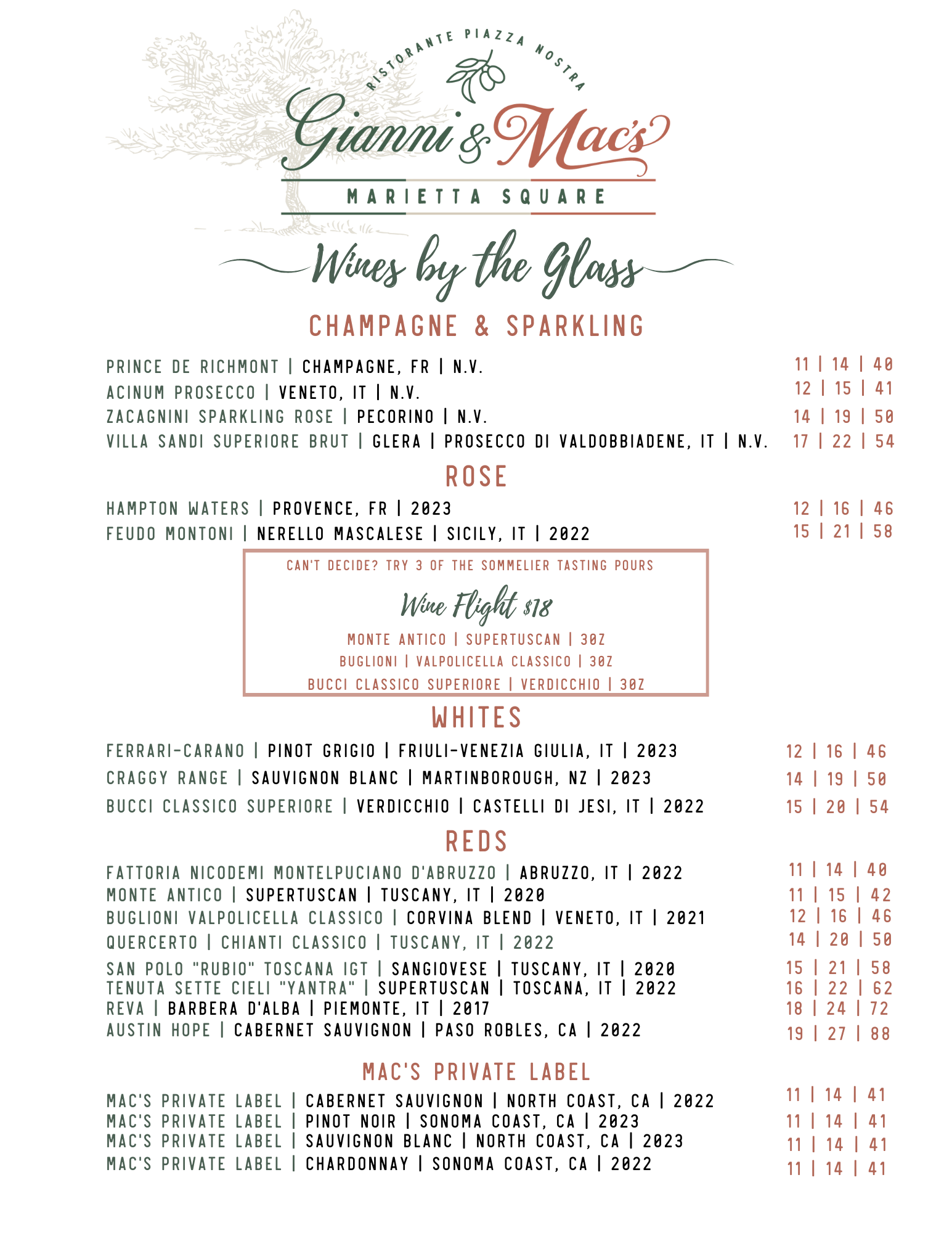 A menu for a restaurant with a list of wines by the glass.