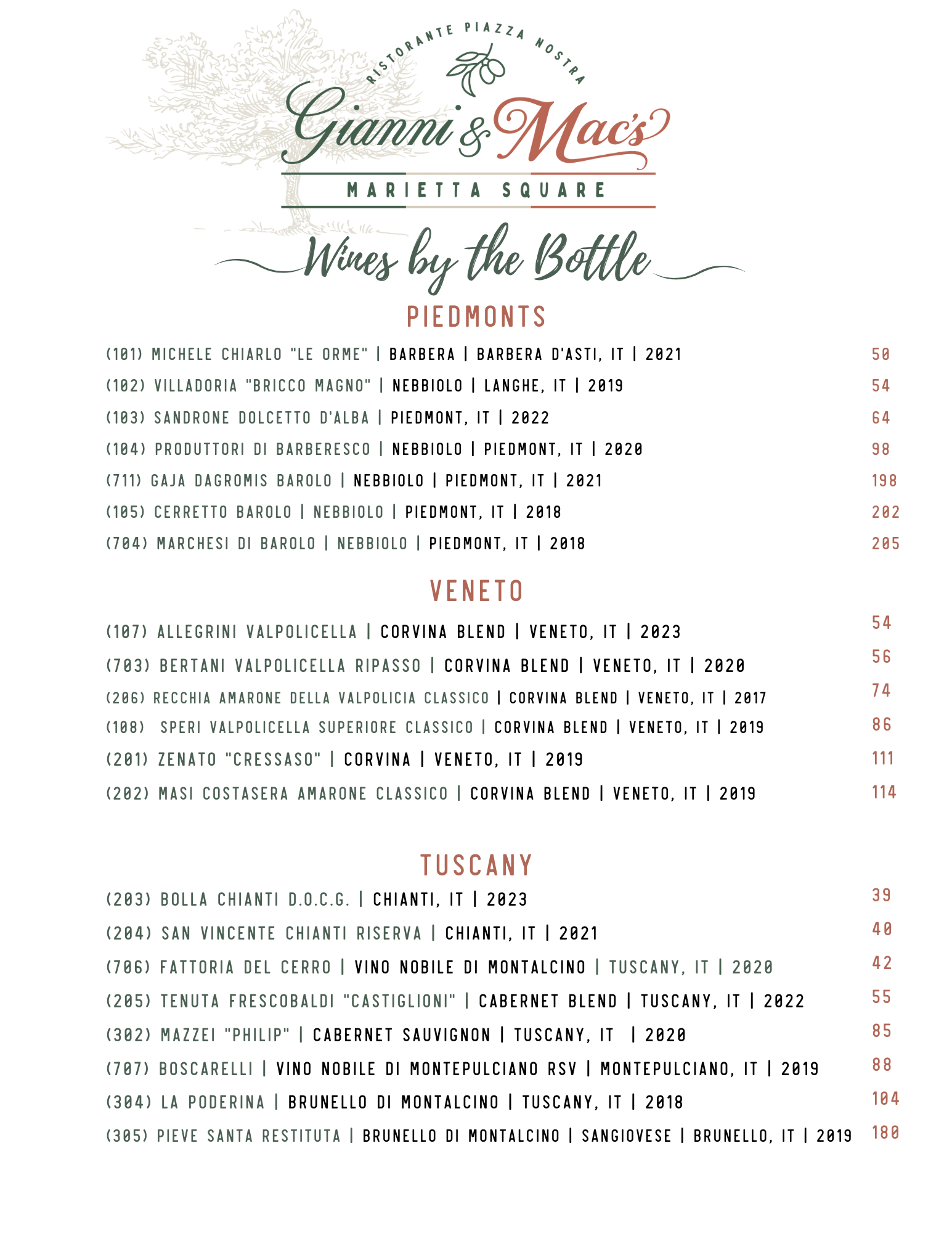 A menu for a restaurant called gianni 's mac 's shows wines by the bottle.