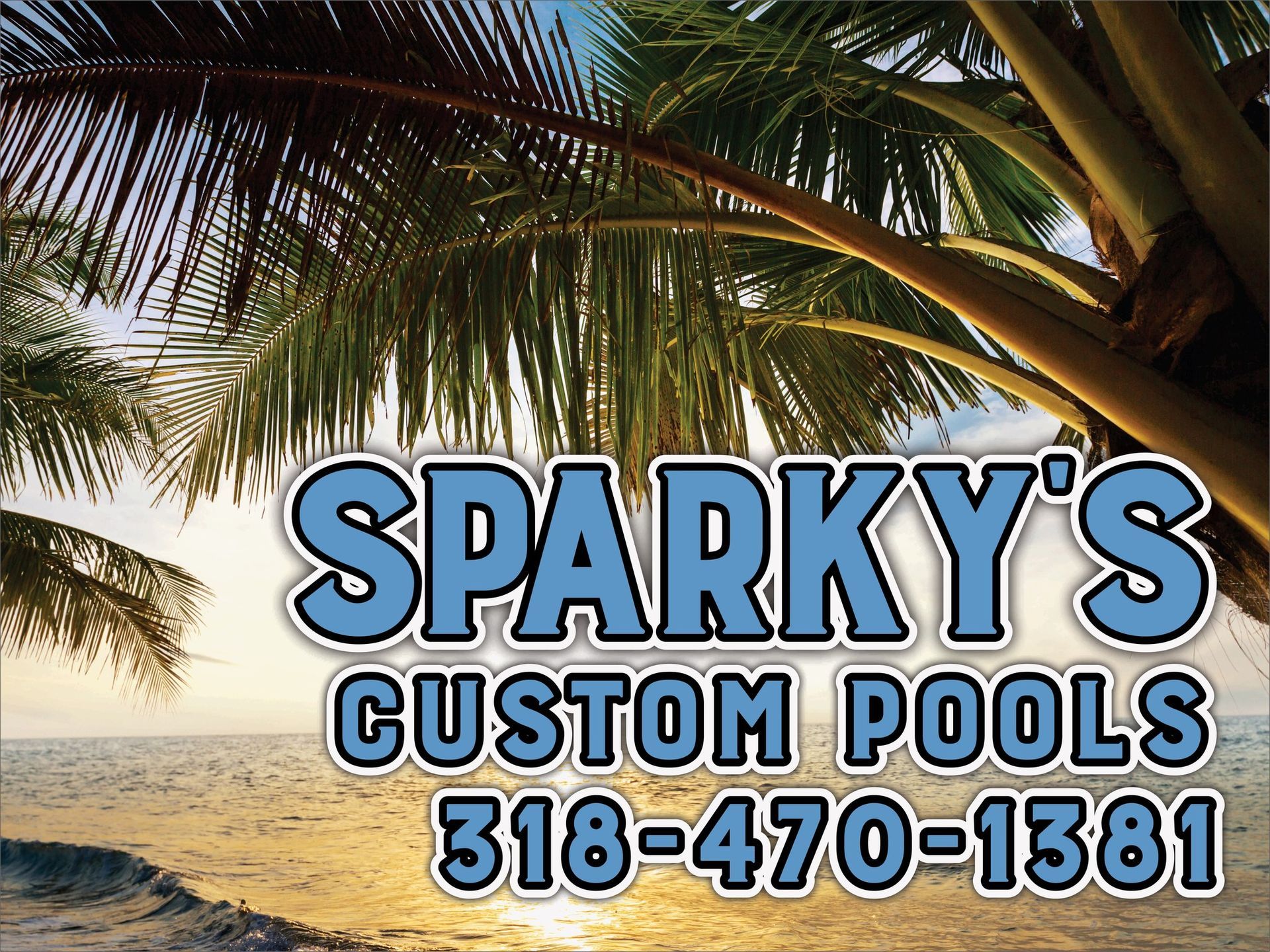 A sign for sparky 's custom pools with a palm tree in the background