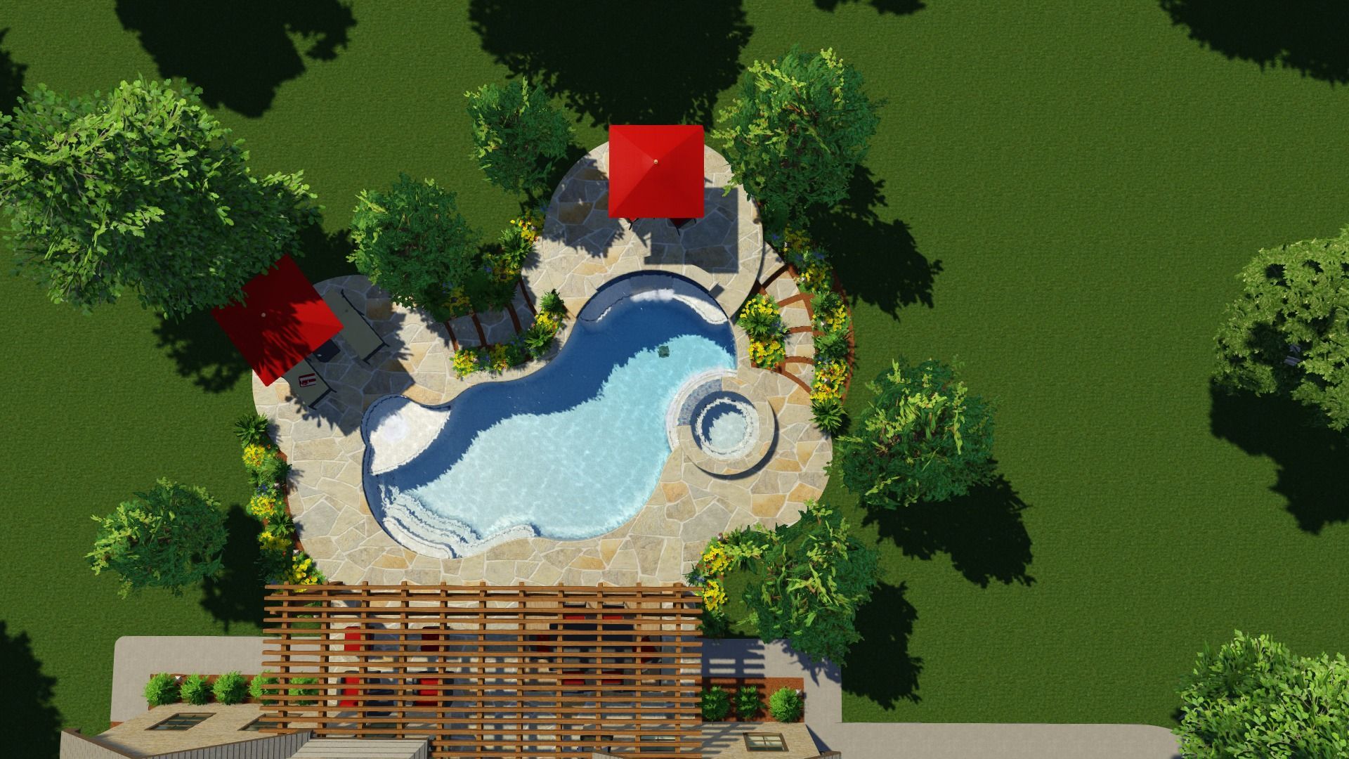 An aerial view of a large swimming pool surrounded by trees.