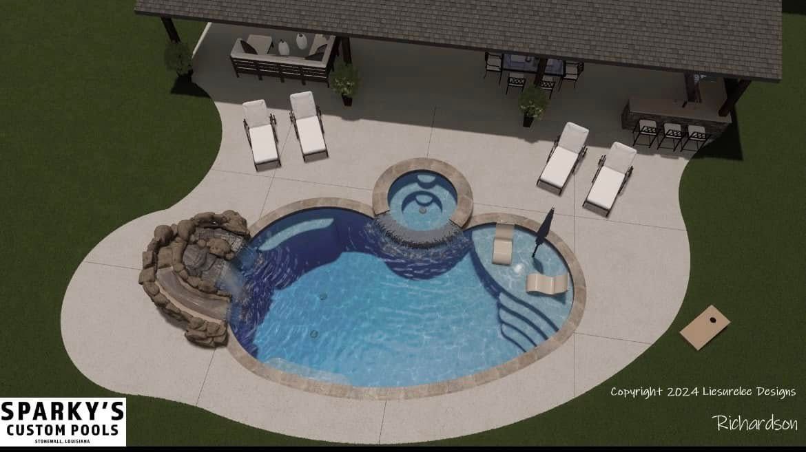 An aerial view of a sparky 's custom pool