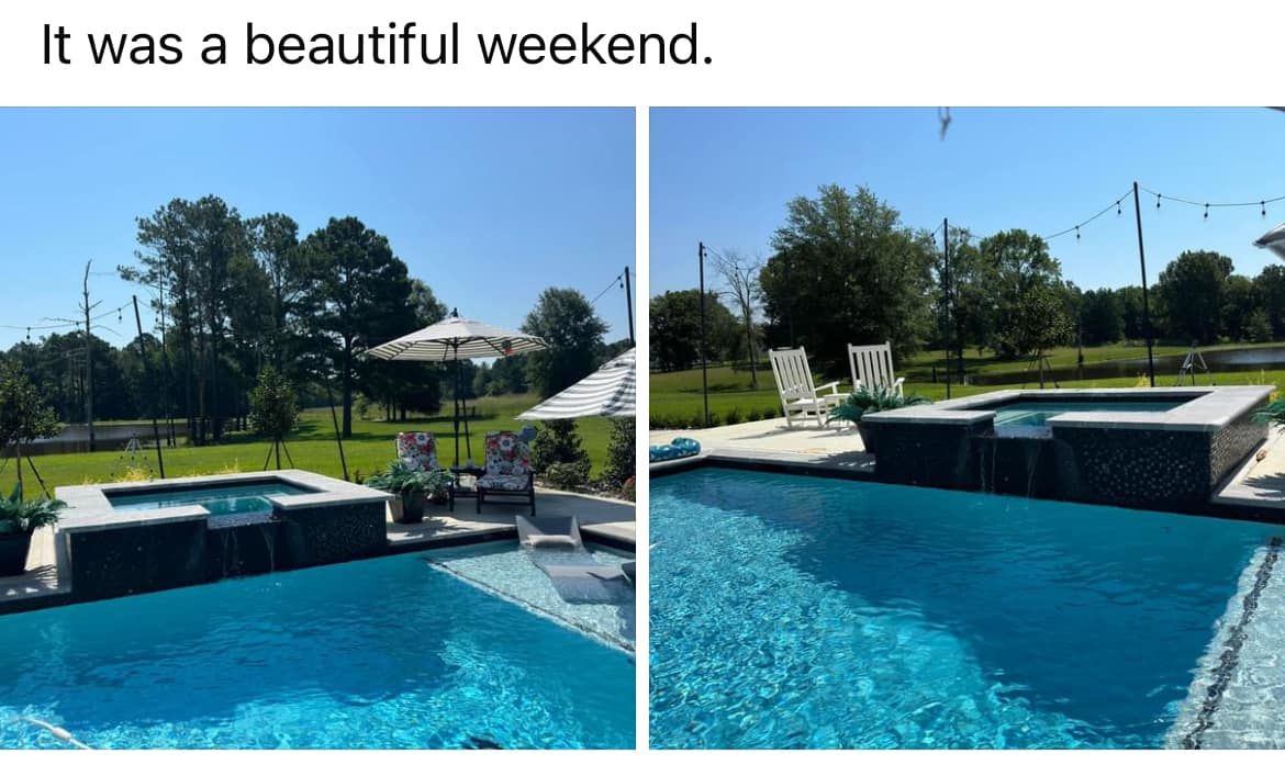 A picture of a swimming pool with a caption that says it was a beautiful weekend.
