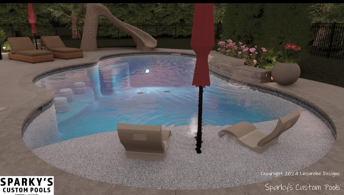 A computer generated image of a swimming pool with chairs and umbrellas.