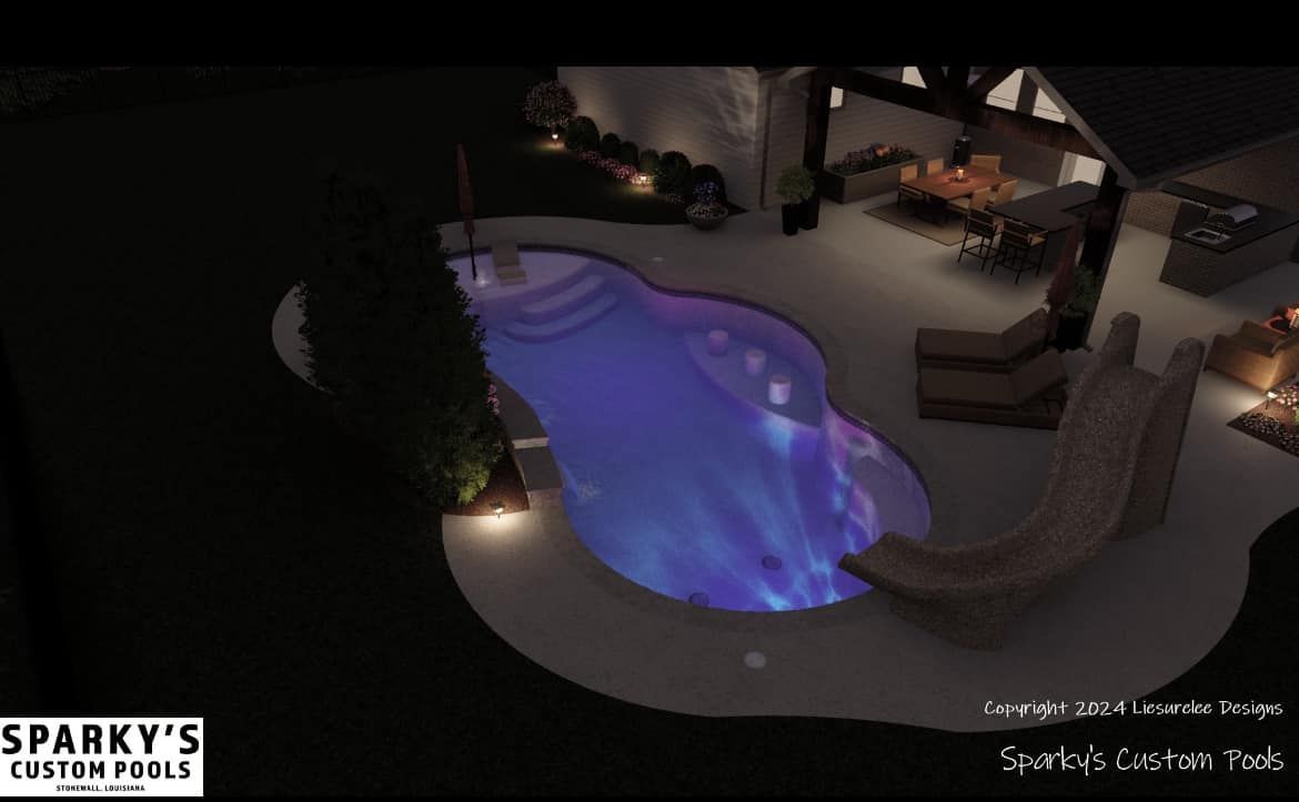 An aerial view of a sparky 's custom pool at night