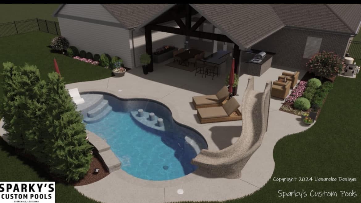 An aerial view of a sparky 's custom pool