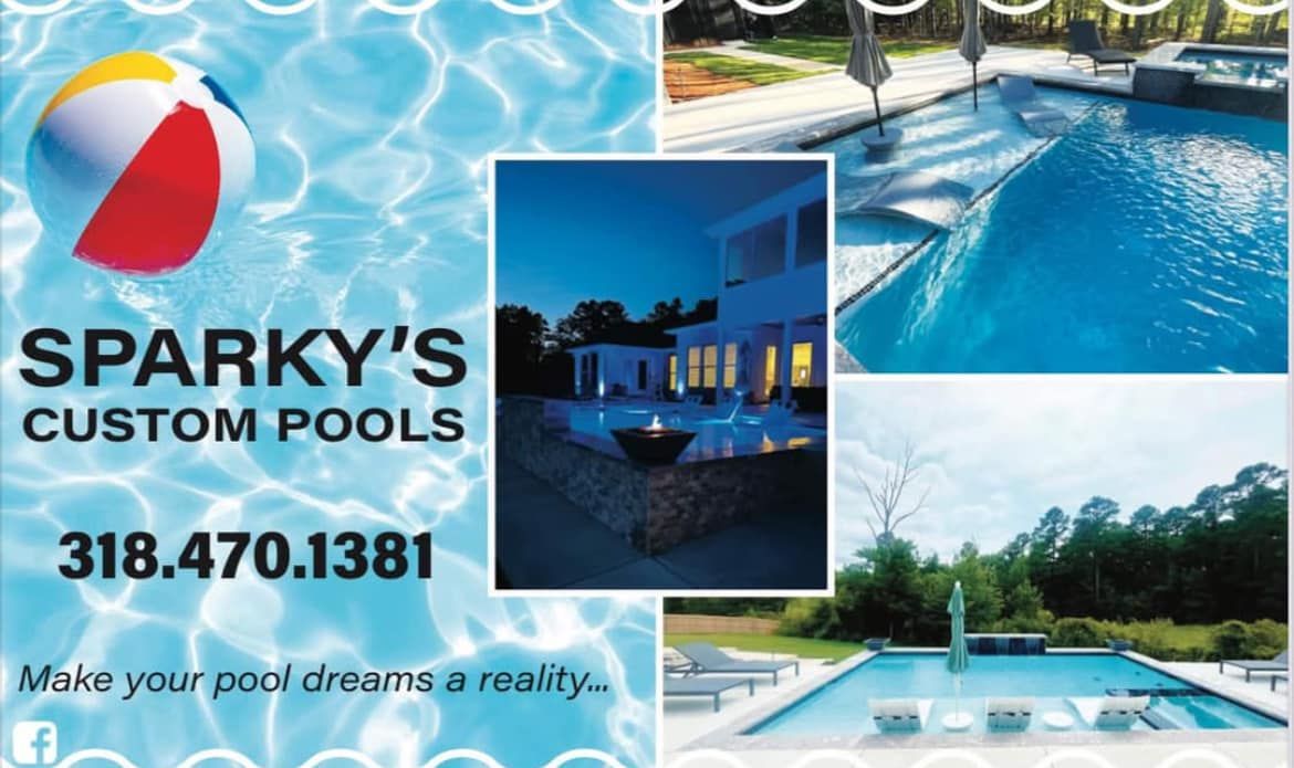 An advertisement for sparky 's custom pools with a beach ball