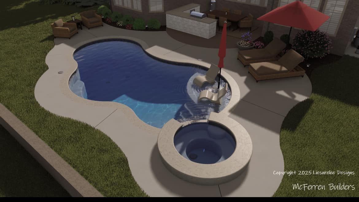 An aerial view of a swimming pool with a red umbrella