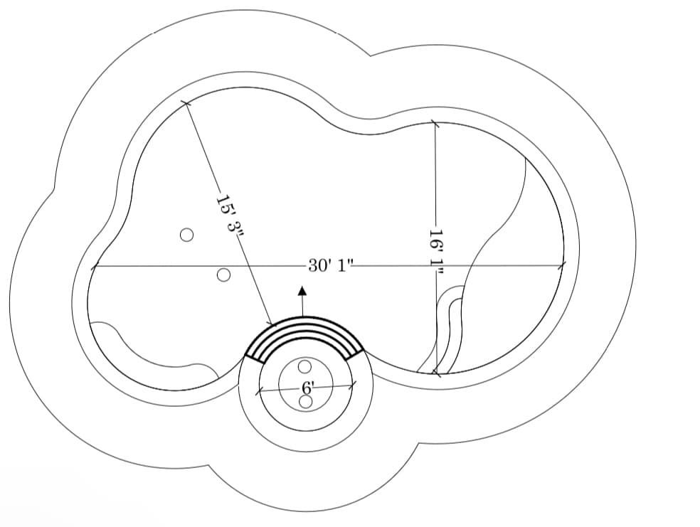 A black and white drawing of a swimming pool with measurements