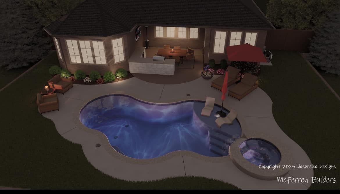 An aerial view of a house with a large swimming pool