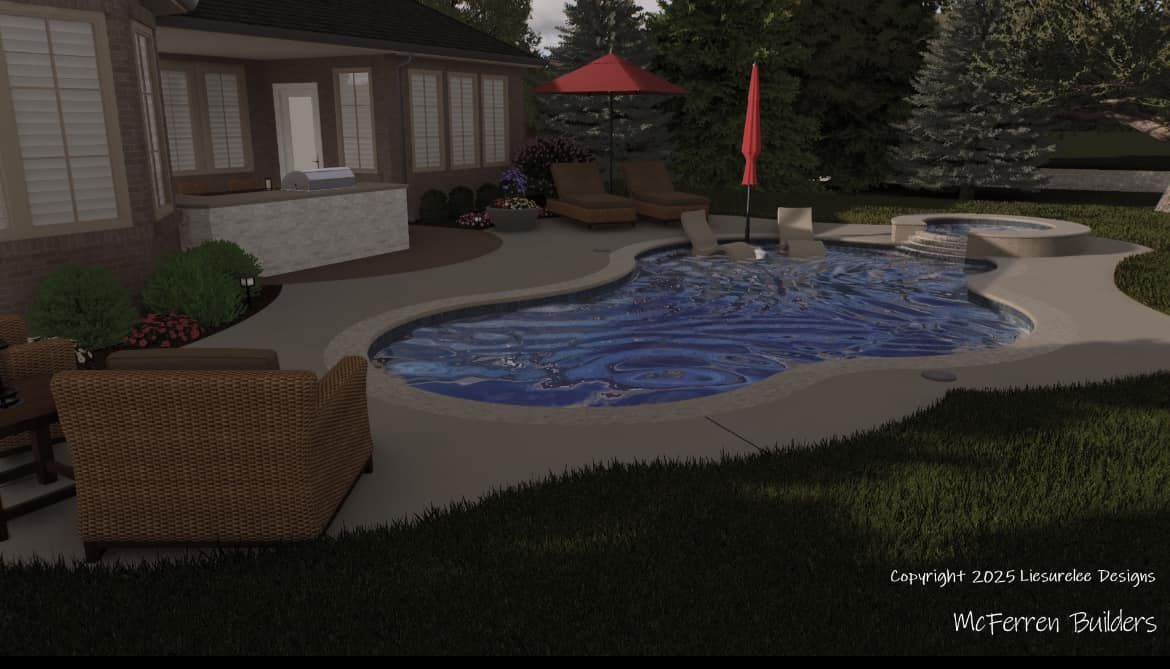A rendering of a backyard with a large swimming pool