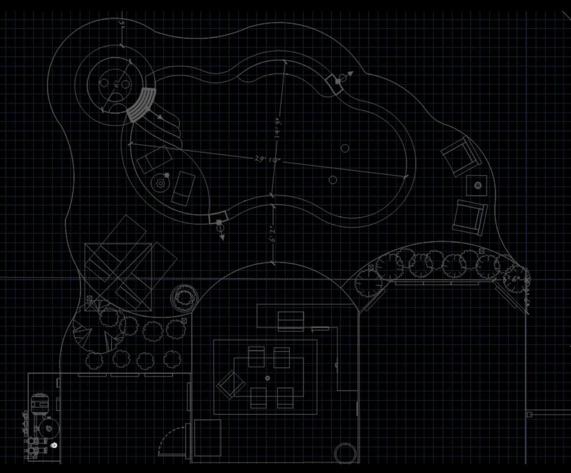A black and white drawing of a house with a pool.