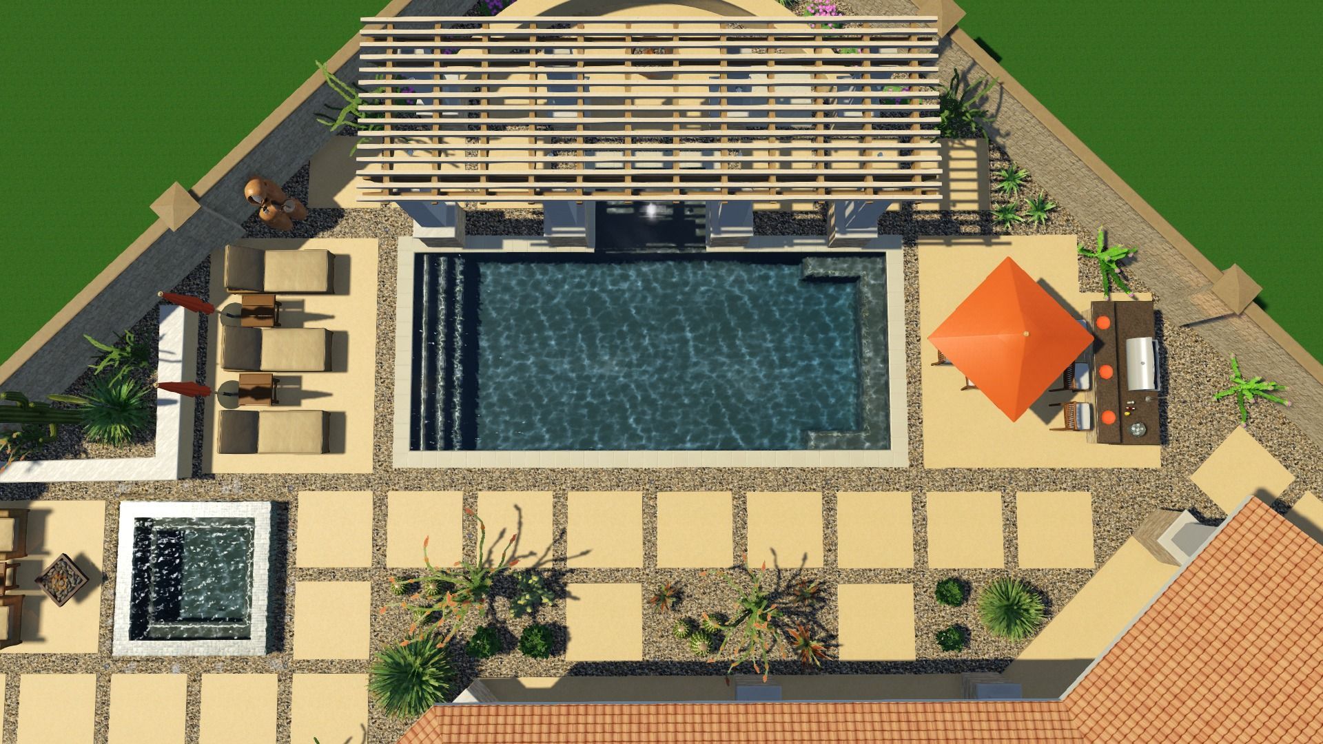 An aerial view of a swimming pool and patio area