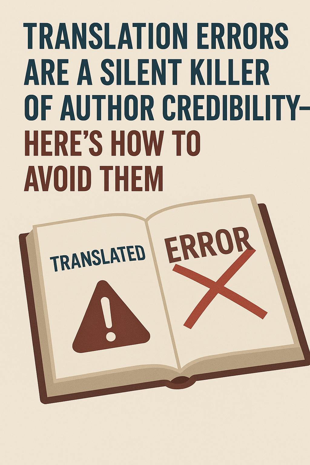 Illustrated digital poster with bold typography stating “Translation Errors Are a Silent Killer of Author Credibility—Here’s How to Avoid Them,” featuring an open book with “TRANSLATED” and a warning symbol on one page, and “ERROR” with a large red X on the other, emphasizing the risk of poor translation.