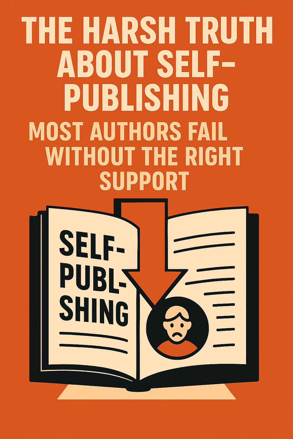 Bold digital graphic design poster with the headline “The Harsh Truth About Self-Publishing—Most Authors Fail Without the Right Support” in uppercase letters. Below, an open book displays the words “Self-Publishing” and a large downward arrow pointing to a sad face icon, symbolizing the risk of failure without guidance.