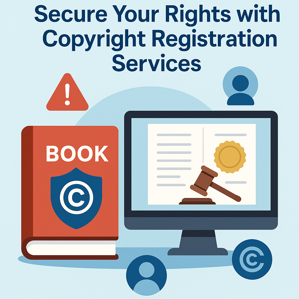 Illustration depicting a red book labeled “BOOK” with a blue copyright shield emblem next to a computer monitor displaying a document, golden seal, and a gavel. The background includes icons of people, a copyright symbol, and a red warning triangle. At the top, bold blue text reads: “Secure Your Rights with Copyright Registration Services