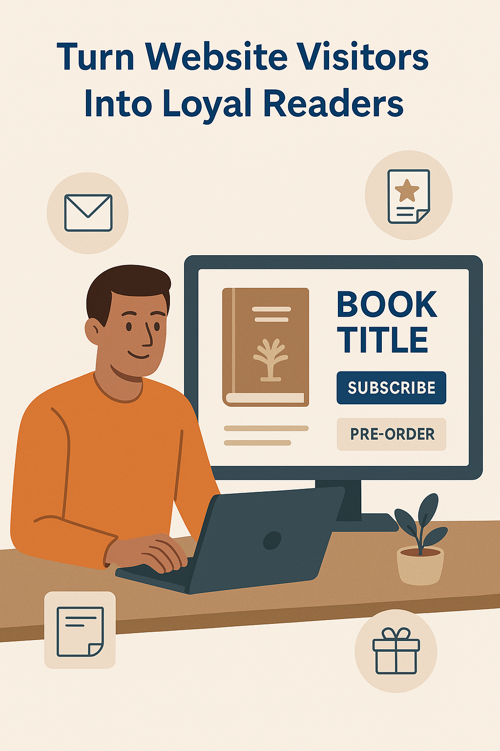 Illustration of a smiling Caucasian man in an orange shirt working on a laptop at a desk. Beside him, a desktop monitor displays a website promoting a book titled