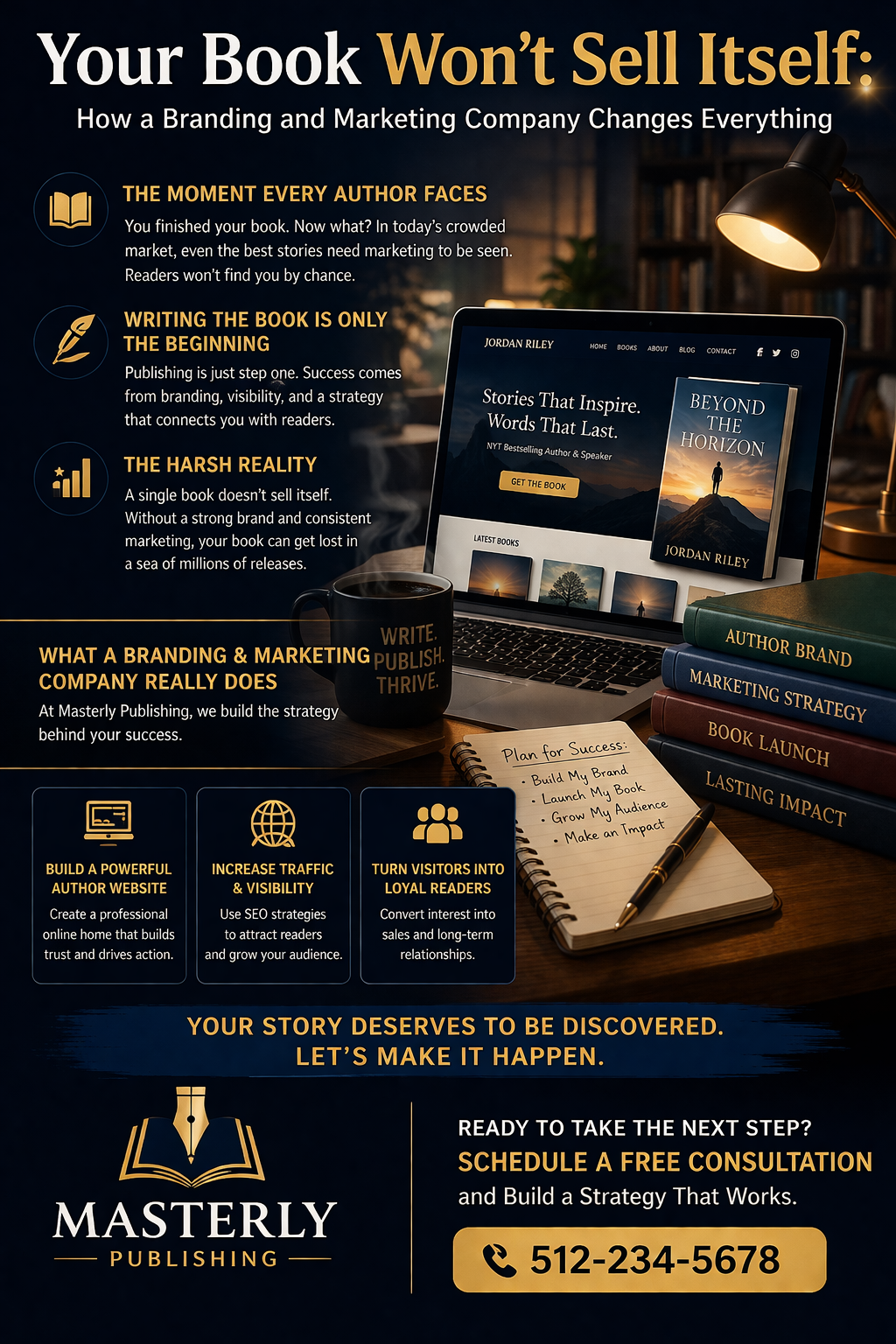 Masterly Publishing featuring a modern desk setup with a laptop displaying an author website, a book cover, stacked books labeled “Author Brand,” “Marketing Strategy,” and “Book Launch,” and a coffee mug. The headline reads “Your Book Won’t Sell Itself: How a Branding and Marketing Company Changes Everything.” The graphic highlights key concepts such as building an author website, increasing traffic and visibility through SEO, and turning visitors into loyal readers. It includes sections explaining the challenges authors face after publishing and emphasizes the importance of strategic marketing, ending with a call to schedule a free consultation and the Masterly Publishing logo.