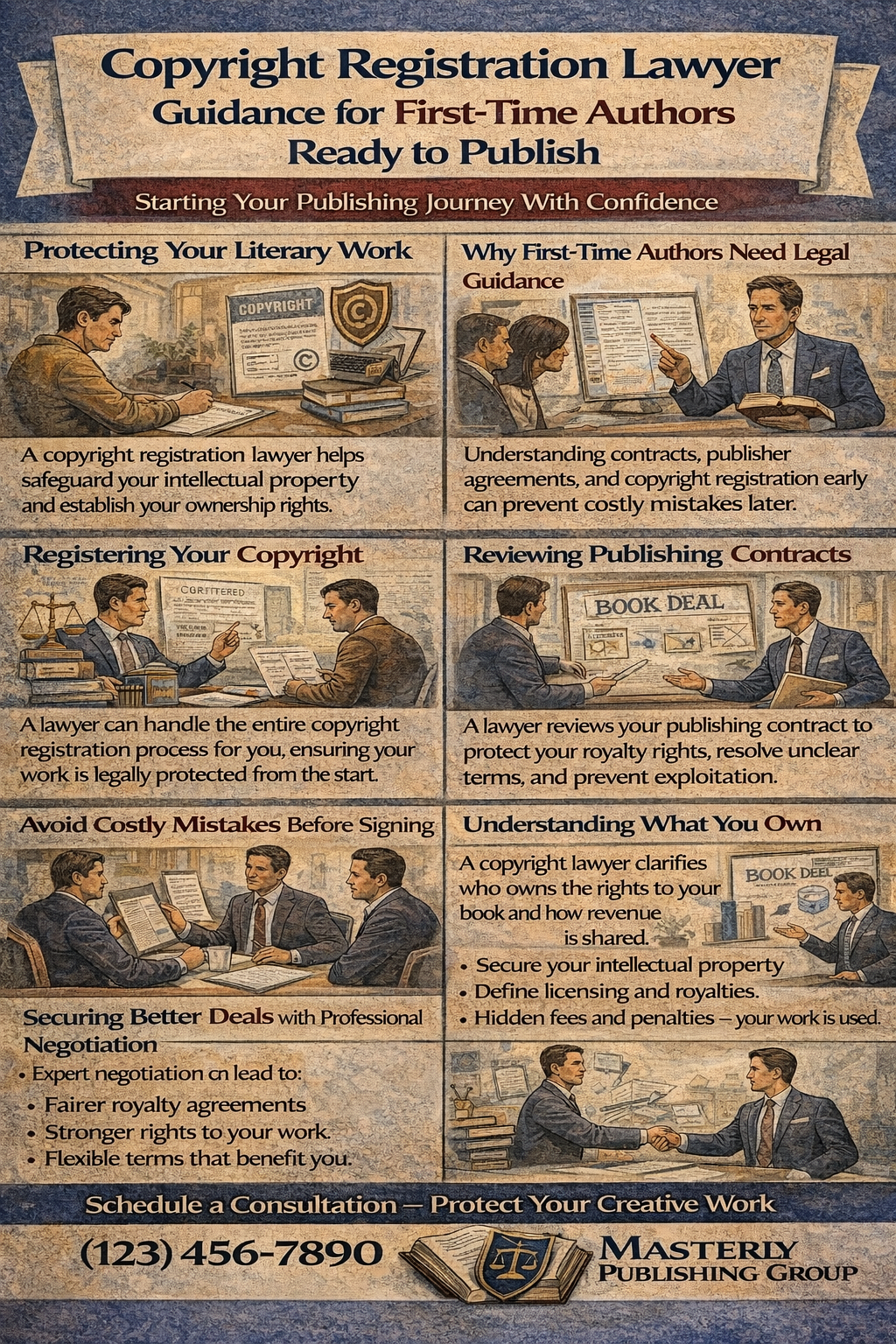 Copyright Registration Lawyer Guidance for First-Time Authors Ready to Publish,” illustrating the importance of legal protection for authors. The image includes scenes of a writer working on a manuscript, meetings with a lawyer reviewing contracts, and sections explaining copyright registration, contract review, ownership rights, and negotiation strategies to protect intellectual property and secure fair publishing agreements.
