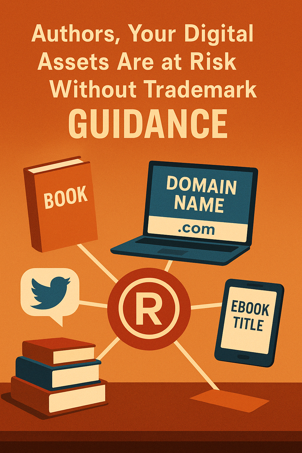 A digital illustration shows a central red trademark symbol connected by lines to four key digital assets: a red book labeled “BOOK,” a laptop screen displaying “DOMAIN NAME .com,” a smartphone screen reading “EBOOK TITLE,” and a speech bubble with the Twitter bird logo. Above, bold cream text states, “Authors, Your Digital Assets Are at Risk Without Trademark Guidance,” all set against a warm orange background. The image emphasizes the importance of legal protection for authors’ intellectual property in the digital publishing space.