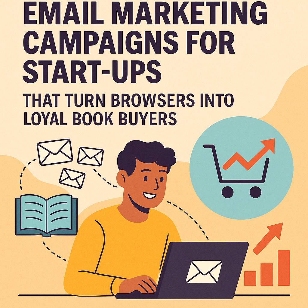 A digital illustration shows a smiling young entrepreneur seated at a desk using a laptop. Email icons, an open book, and a shopping cart with an upward arrow surround the character, symbolizing audience engagement and sales conversion. Bold text at the top reads, “Email Marketing Campaigns for Start-Ups That Turn Browsers into Loyal Book Buyers.” The background features soft, curved shapes in beige and orange tones, emphasizing a modern, user-friendly marketing approach.