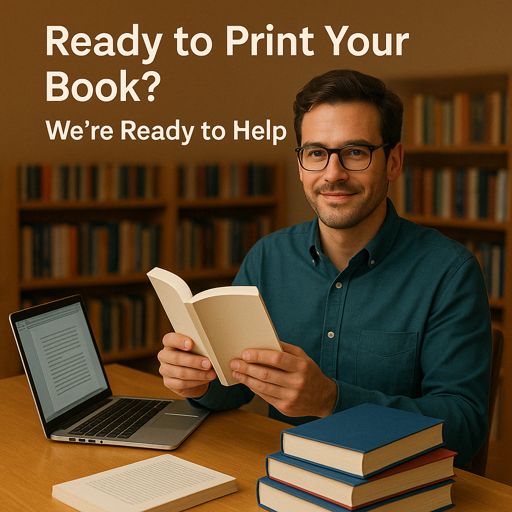 A smiling man in his mid-30s with short, wavy hair and glasses sits at a wooden desk holding an open book. A laptop displaying a manuscript is beside him, with several neatly stacked books nearby. Behind him is a bookshelf filled with colorful titles. The warm, inviting scene includes overlay text that reads, “Ready to Print Your Book? We’re Ready to Help,” representing the excitement and readiness of professional self-publishing support.