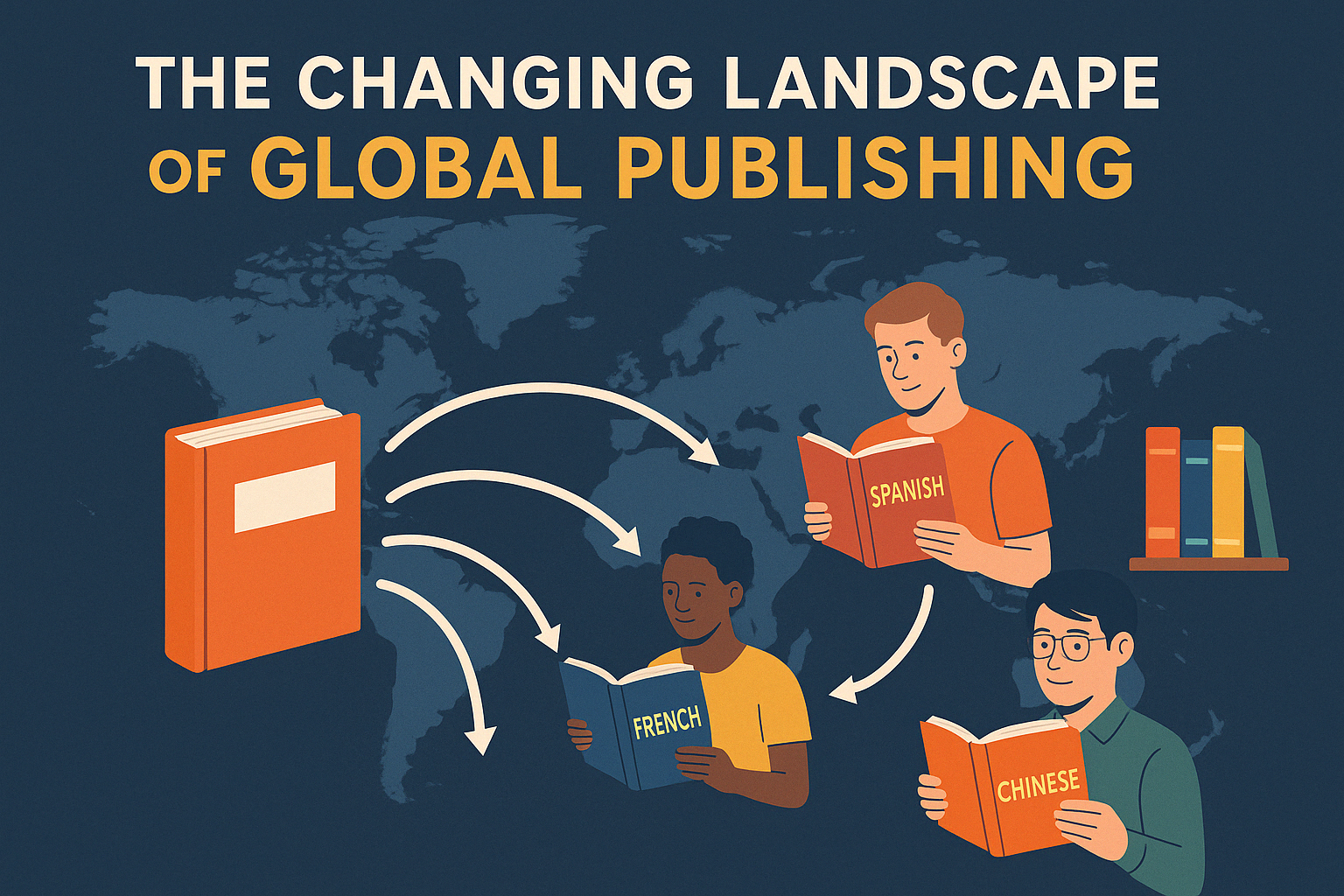 A digital illustration titled “The Changing Landscape of Global Publishing” shows a dark blue world map as the background. In the foreground, an orange book is connected by white arrows to three diverse readers holding books labeled