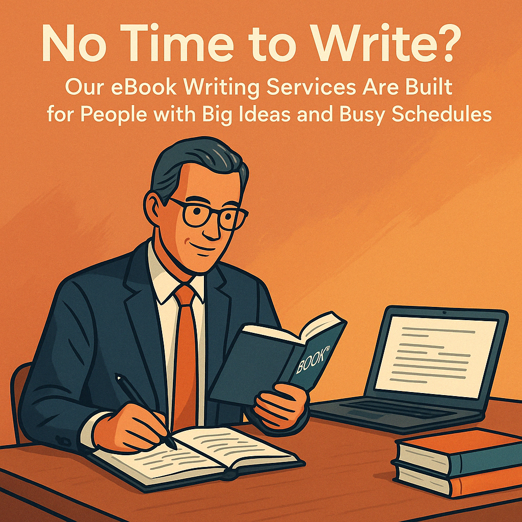 A digital illustration shows a middle-aged professional man with gray-streaked hair and glasses, wearing a navy suit and orange tie, sitting at a wooden desk. He’s writing in a notebook while holding a book labeled “BOOK,” with an open laptop and stacked books nearby. The background is a warm orange gradient, and bold text above reads: “No Time to Write? Our eBook Writing Services Are Built for People with Big Ideas and Busy Schedules.” The image conveys efficiency and tailored writing support for busy professionals.