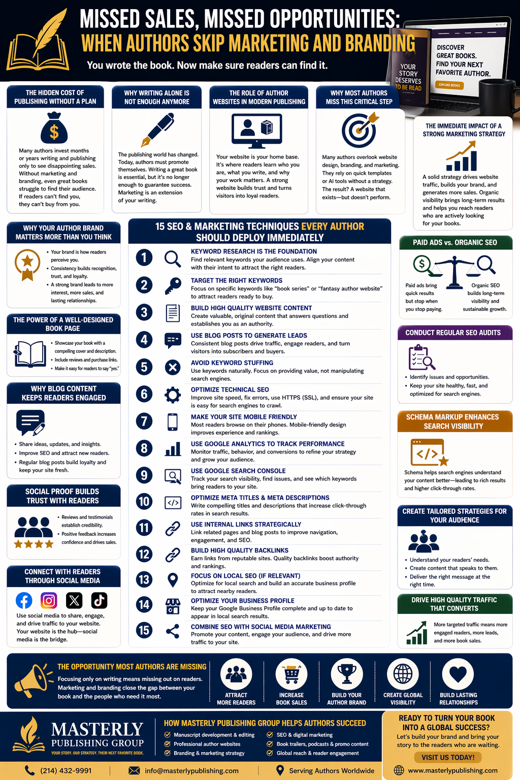 Missed Sales, Missed Opportunities: When Authors Skip Marketing and Branding.” It uses a professional navy-and-gold design to explain how lack of marketing affects book sales. The top sections highlight the hidden cost of publishing without a plan, why writing alone is not enough, the importance of author websites, and common mistakes authors make. A central list presents key SEO and marketing techniques, including keyword research, targeting the right keywords, creating high-quality content, using blog posts, avoiding keyword stuffing, improving technical SEO, ensuring mobile-friendly design, using analytics tools, optimizing meta titles and descriptions, building internal links and backlinks, focusing on local SEO, optimizing business profiles, and combining SEO with social media. Side panels emphasize the value of author branding, well-designed book pages, blog engagement, social proof, and connecting with readers through social media. Additional sections compare paid ads versus organic SEO, explain SEO audits and schema markup, and stress the importance of tailored strategies and high-quality traffic. The bottom highlights how marketing increases visibility, builds an author brand, boosts book sales, and helps authors reach a global audience.