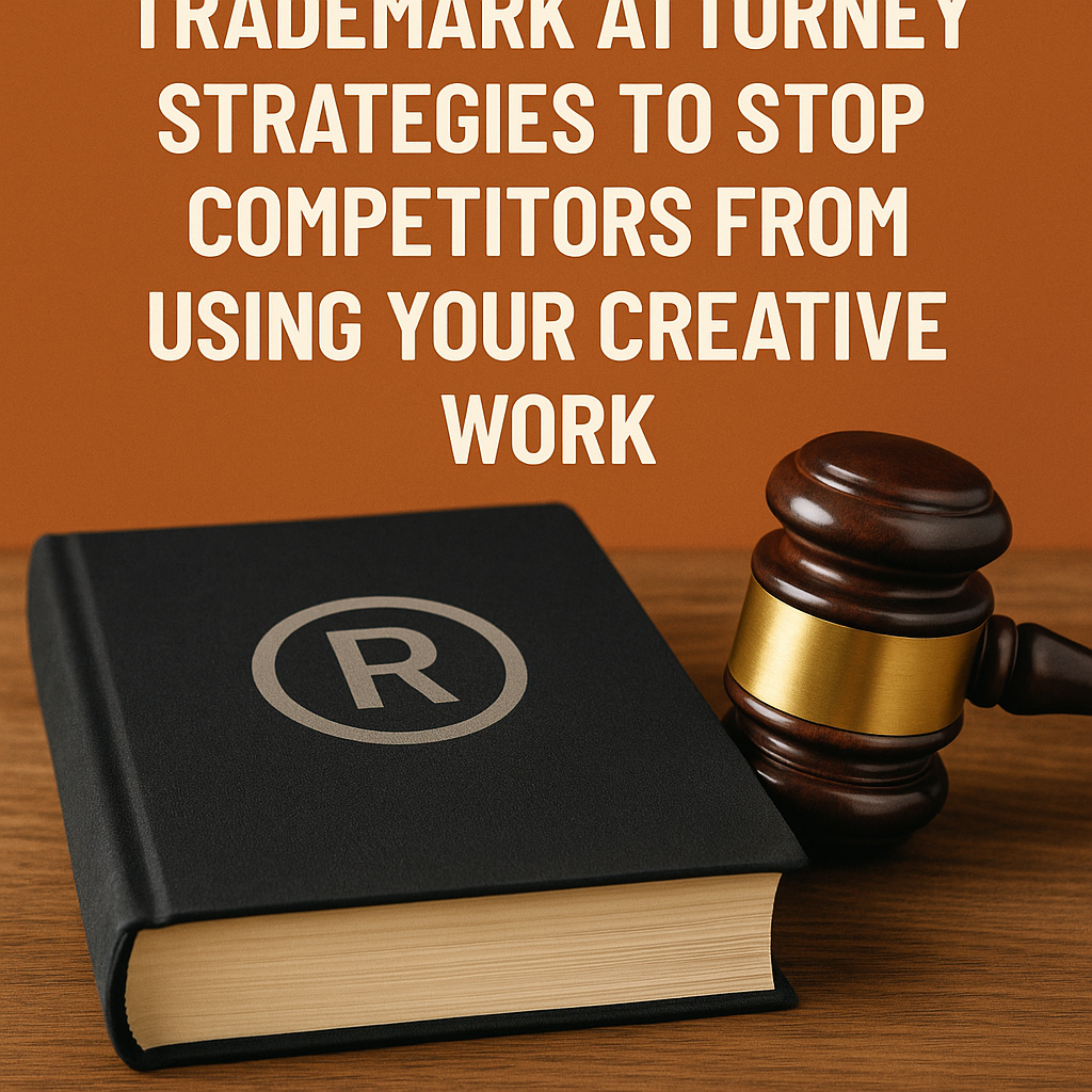 Trademark Attorney Strategies to Stop Competitors from Using Your Creative Work” on a burnt orange background. Below the headline, a black hardcover book featuring a large registered trademark symbol sits on a wooden surface next to a wooden gavel with a gold band, symbolizing legal protection and intellectual property enforcement for creative professionals.