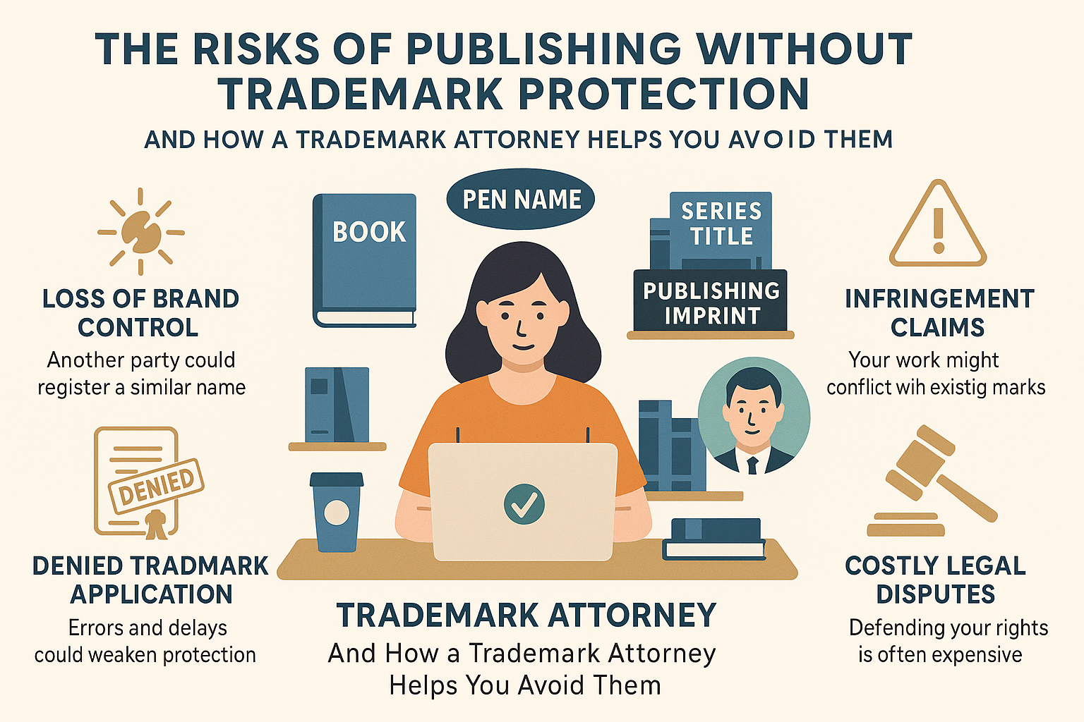 The Risks of Publishing Without Trademark Protection,” showing an author working on a laptop surrounded by icons representing a book, pen name, series title, publishing imprint, and legal risks such as loss of brand control, infringement claims, denied trademark applications, and costly legal disputes, alongside guidance from a trademark attorney.
