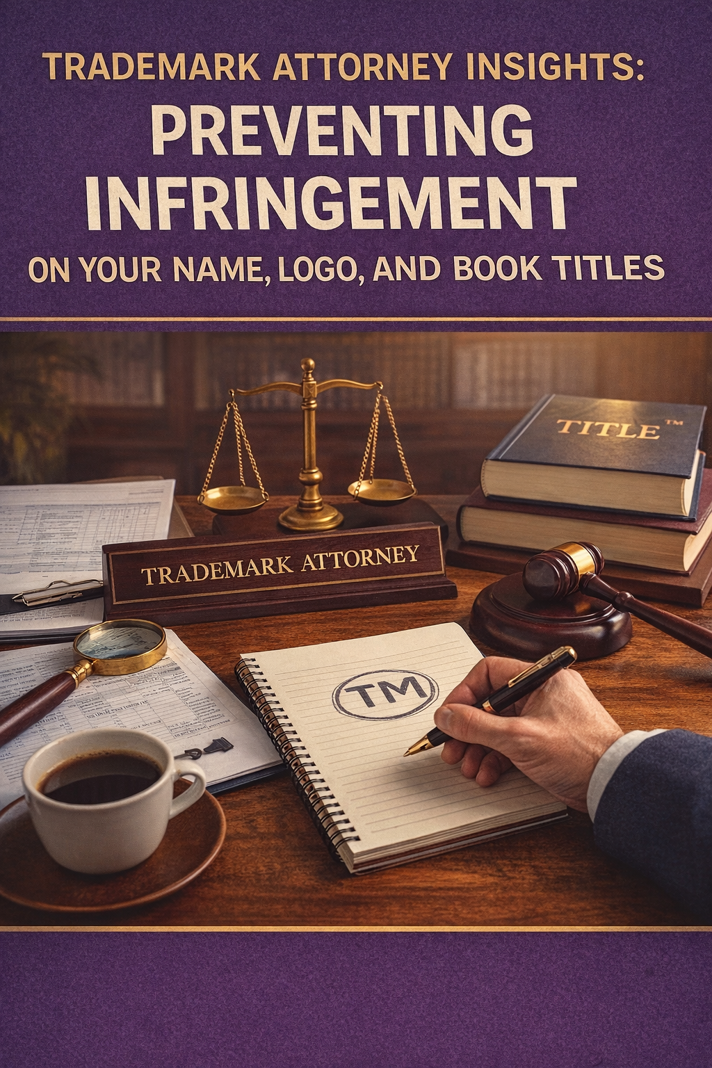 Trademark Attorney Insights: Preventing Infringement on Your Name, Logo, and Book Titles.’ A trademark attorney’s desk is shown with scales of justice, legal books, a gavel, and a notebook marked ‘TM,’ symbolizing legal guidance for protecting names, logos, and book titles from trademark infringement.